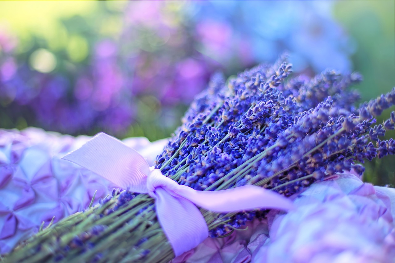 Olio essenziale di lavanda versato su un cuscino, simbolo di relax e benessere.